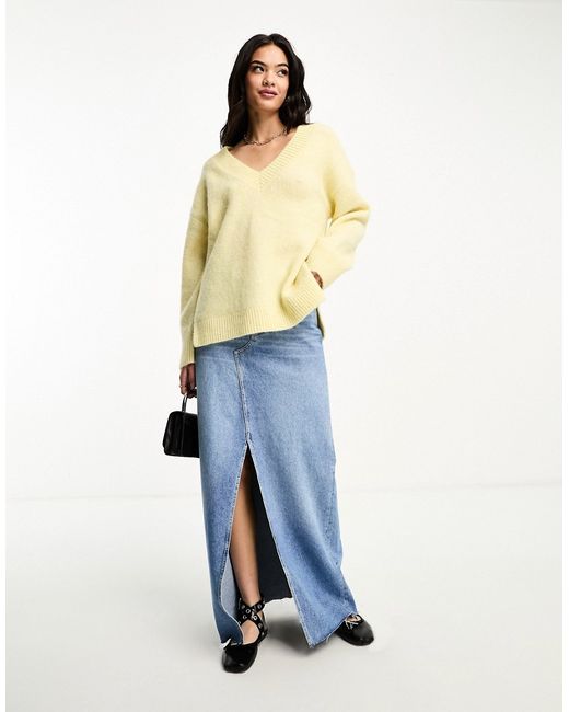 Asos Design chunky v neck sweater alpaca wool blend butter yellow-