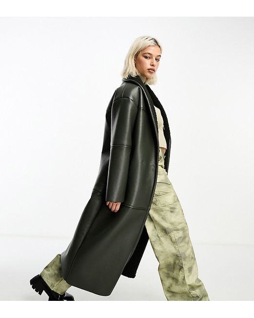 Collusion longline faux leather borg lined coat khaki-