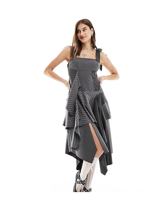 Reclaimed Vintage limited edition layered midi dress gray pinstripe-