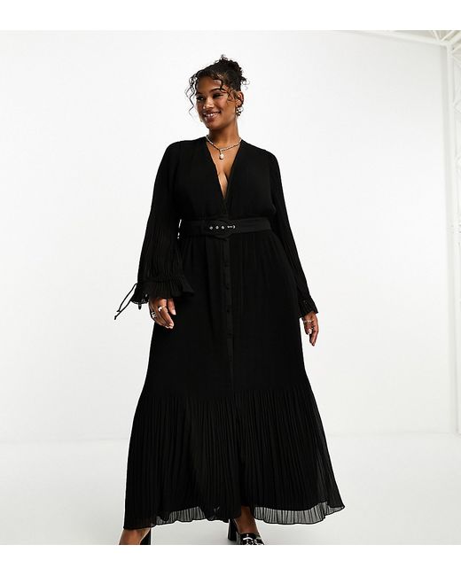 ASOS Curve DESIGN Curve pleated blouson sleeve midi dress with belt detail black-