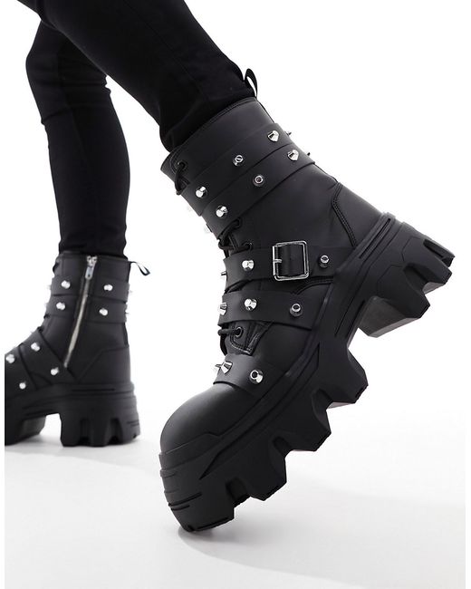 Asos Design lace up boot with chunky sole and studded strapping faux leather
