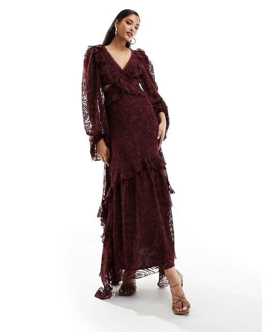 Asos Design burnout cut out waist maxi dress with open back burgundy-