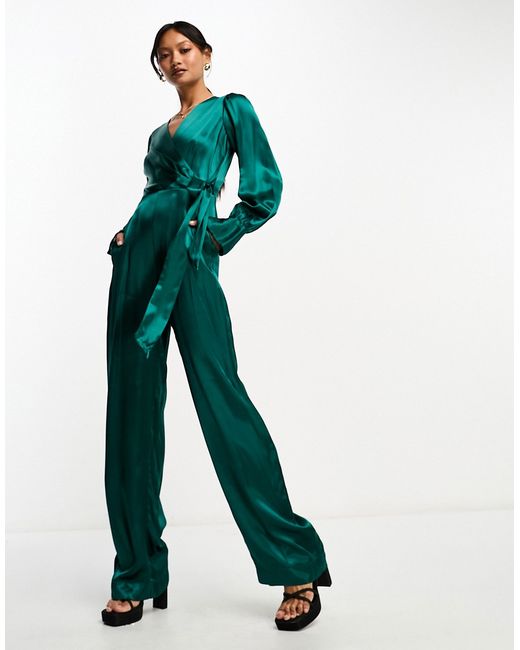 Closet London satin wrap wide leg jumpsuit emerald-