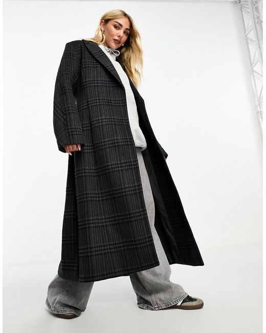 Weekday Delila wool blend sleek structured coat dark check