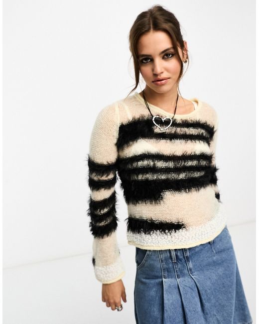 Asos Design stripe sweater deconstructed fluffy yarn cream-