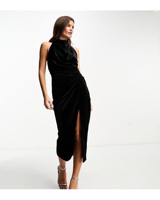 ASOS Petite DESIGN Petite velvet high neck manipulated tuck midi pencil dress