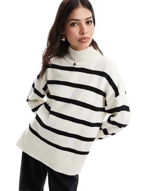 Asos Design longline sweater with high neck cream and black stripe-