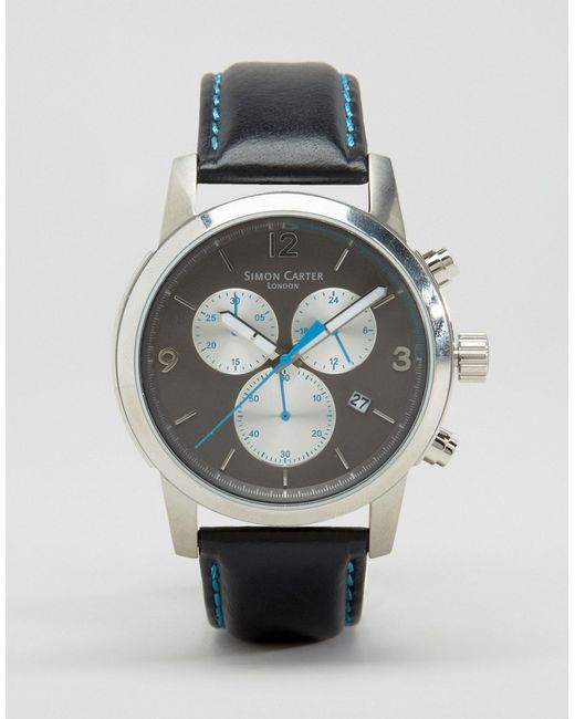 Simon Carter Leather Chronograph Watch With Grey Dial