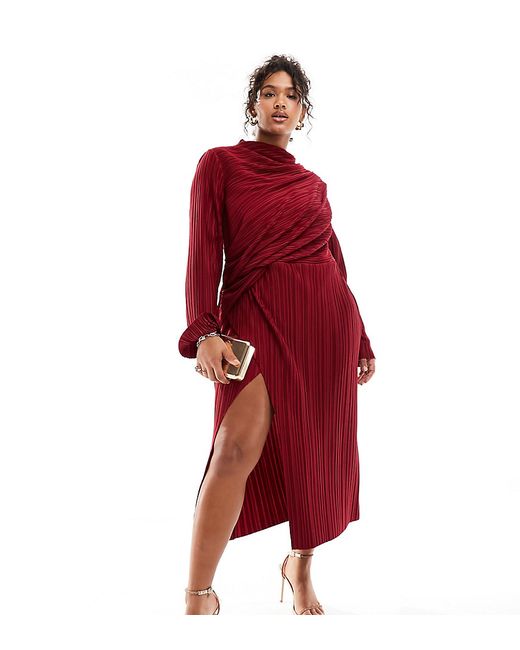 Asos Design Curve plisse cut out wide sleeve and side twist midi dress wine-