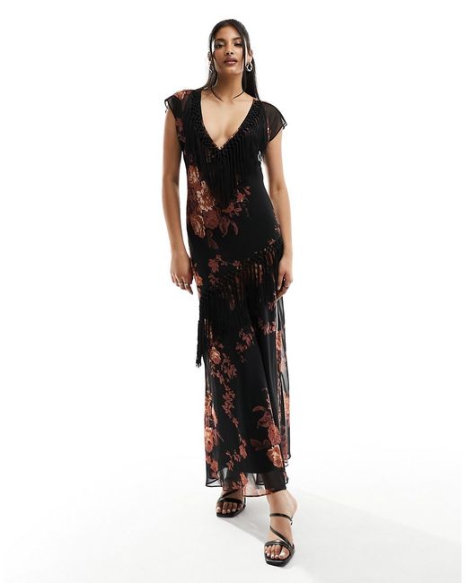 Asos Design v neck sleeveless midi dress with fringe trim floral print-