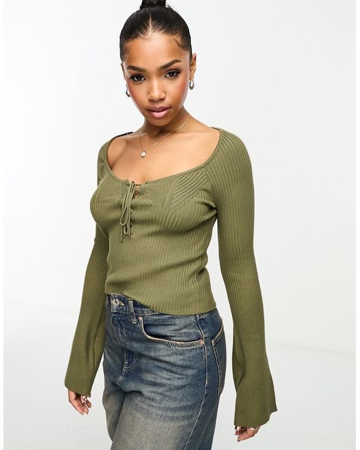 Miss Selfridge lace up detail sweetheart neck flare sleeve knit ribbed top khaki-