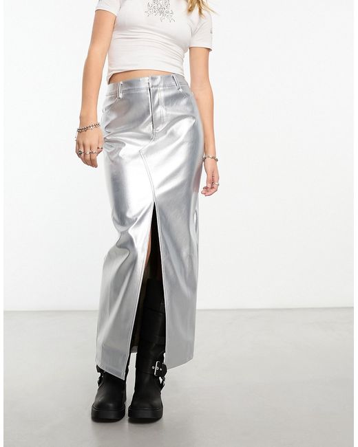 Asos Design faux leather maxi skirt with front split metallic