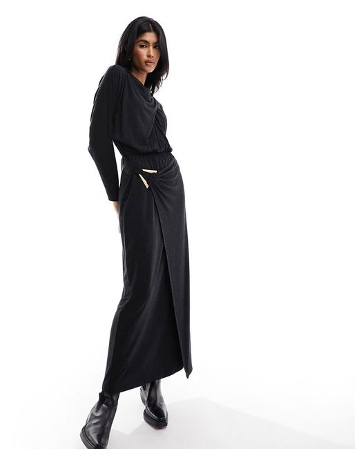 Asos Design high neck maxi dress with wrap skirt and trim detail black-
