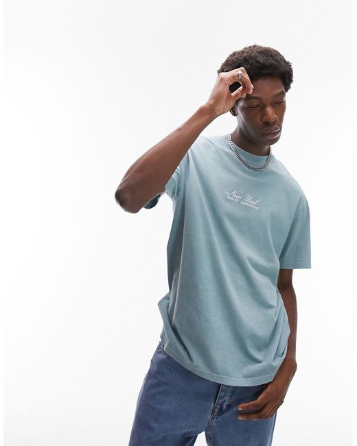 Topman oversized fit t-shirt with New York script embroidery washed blue-