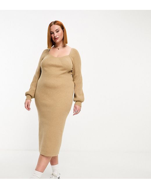 ASOS Curve DESIGN Curve knit midi dress with sweetheart neck taupe-