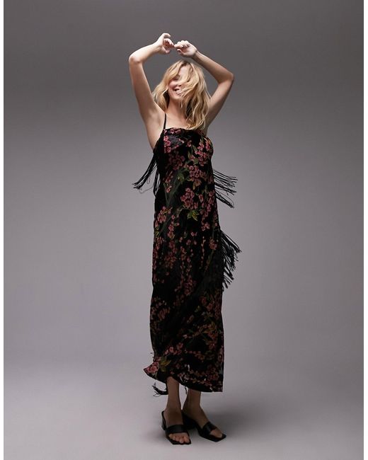 TopShop burnout cami midi dress with fringing floral print-