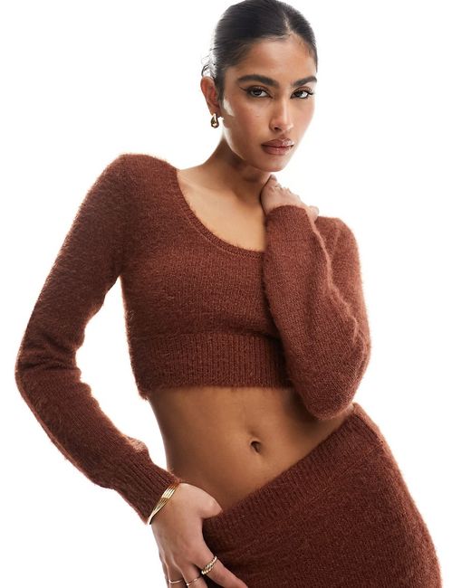 Asos Design crop sweater with scoop neck fluffy yarn toffee part of a set-