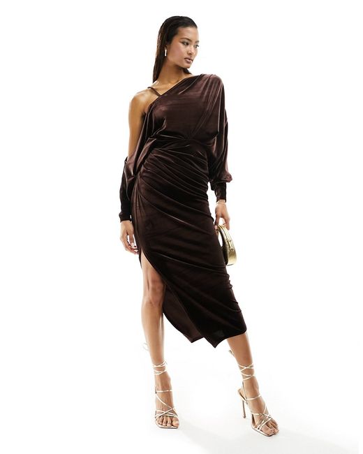 Asos Design velvet off shoulder grecian drape midi dress chocolate-