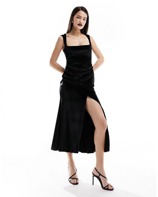 Asos Design velvet plunge square neck midi dress with draped skirt
