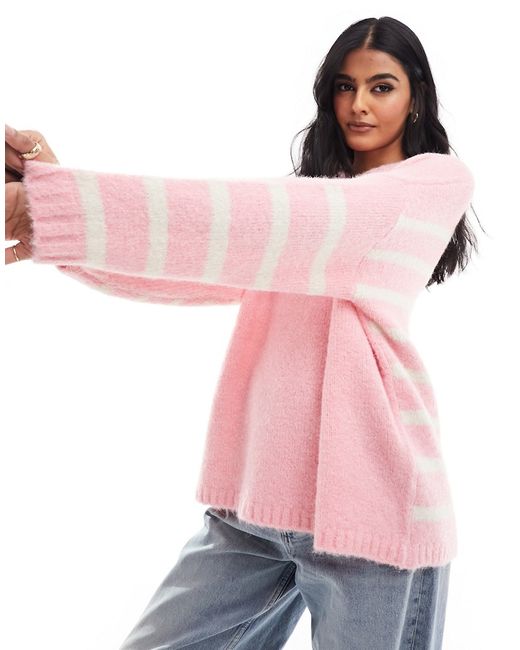 Asos Design crew neck sweater with stripe back detail pink-