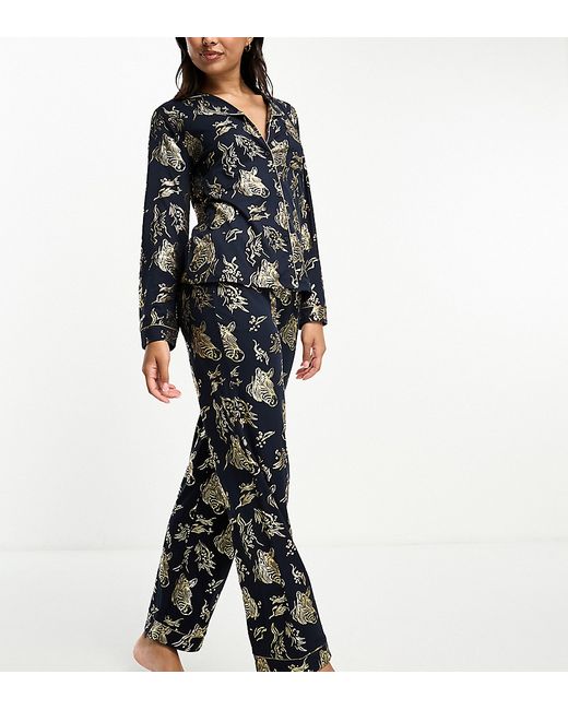 Chelsea Peers Exclusive jersey gold foil zebra print revere top and pants pajama set