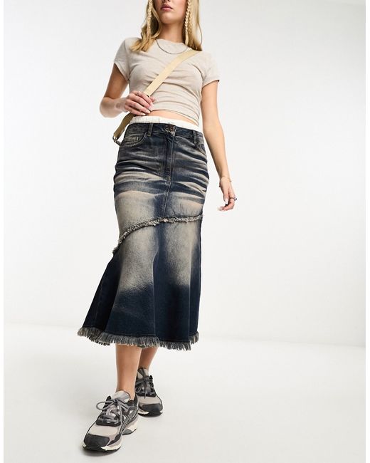 Collusion fishtail denim midi skirt with seam detail and pink wash-