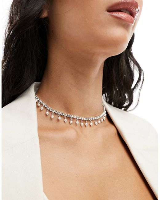 Asos Design choker necklace with crystal cupchain and faux pearl design tone