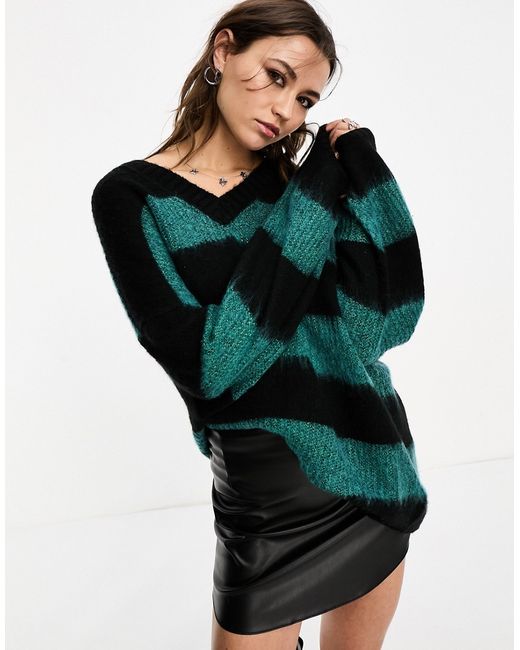 AllSaints Lou Sparkle v neck knitted sweater black and blue stripe-
