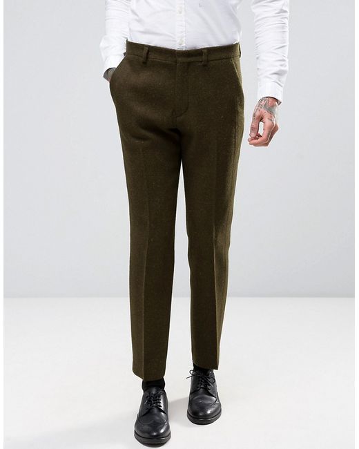 Asos Slim Suit trousers In Khaki Harris Tweed 100 Wool with