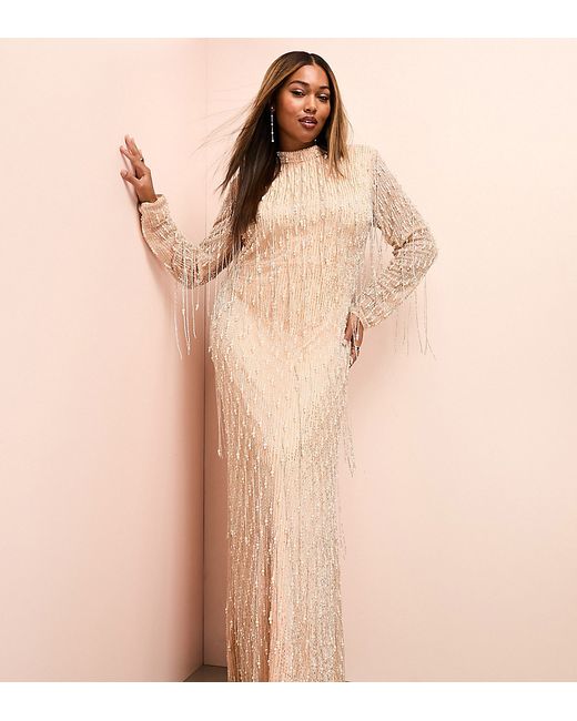 ASOS Luxe Curve drop pearl embellished maxi dress blush