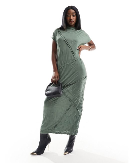 Asos Design crinkle satin maxi dress with seam detail khaki-