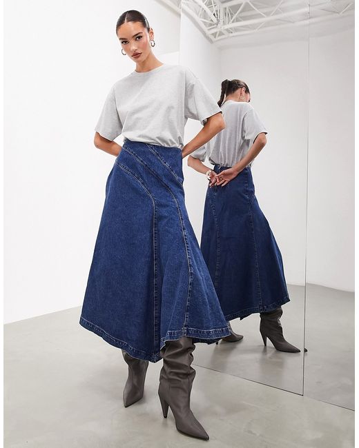 ASOS Edition denim a line maxi skirt with seam detail mid