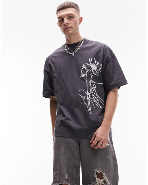 Topman premium extreme oversized fit T-shirt with front and back floral embroidery charcoal-