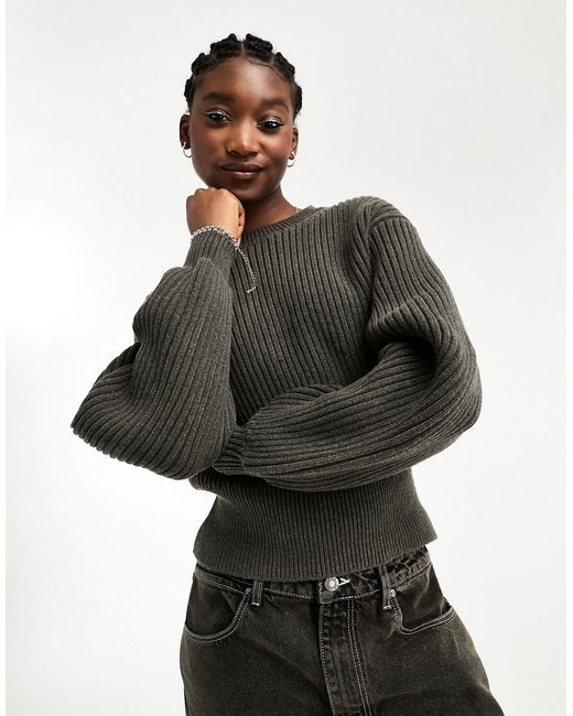 Weekday Dion chunky knitted sweater with exaggerated sleeves dark melange