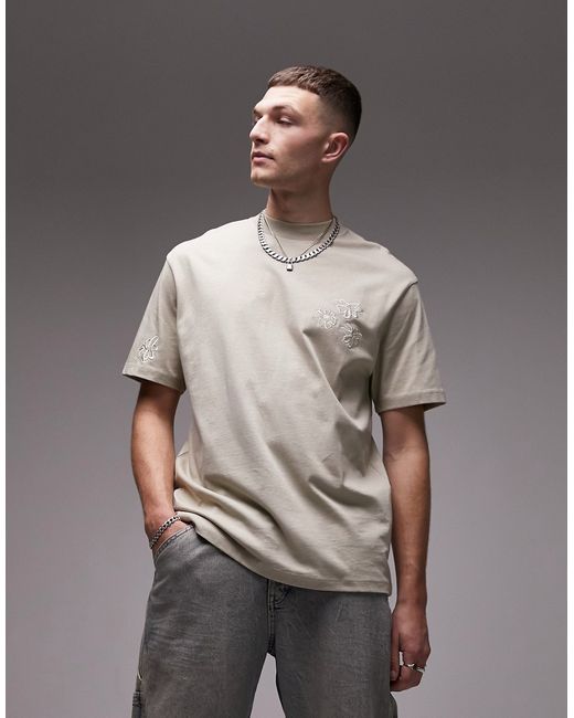 Topman oversized fit t-shirt with floral placement embroidery stone-
