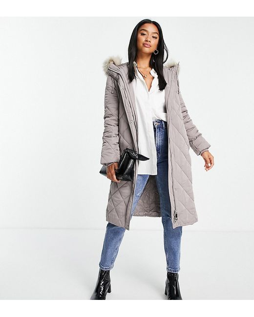 Forever New Petite Ever New Petite belted quilted puffer coat with faux fur hood trim mink-