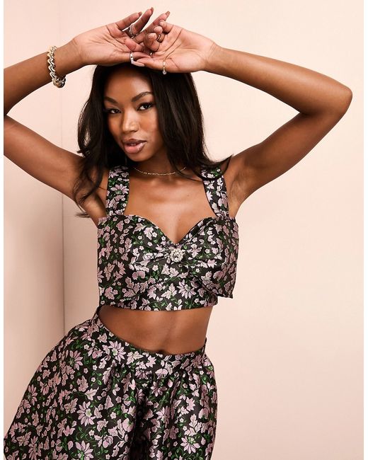 ASOS Luxe jacquard crop top with embellished bow purple floral print part of a set