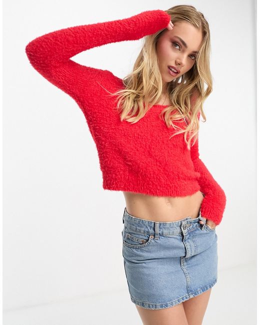 Monki fluffy knit cropped long sleeve top rust