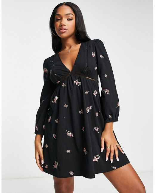 Asos Design long sleeve mini dress with ladder trim detail and floral embroidery
