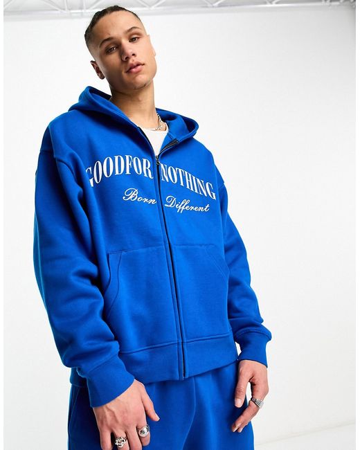 Good For Nothing oversized zip through hoodie cobalt with chest logo print part of a set
