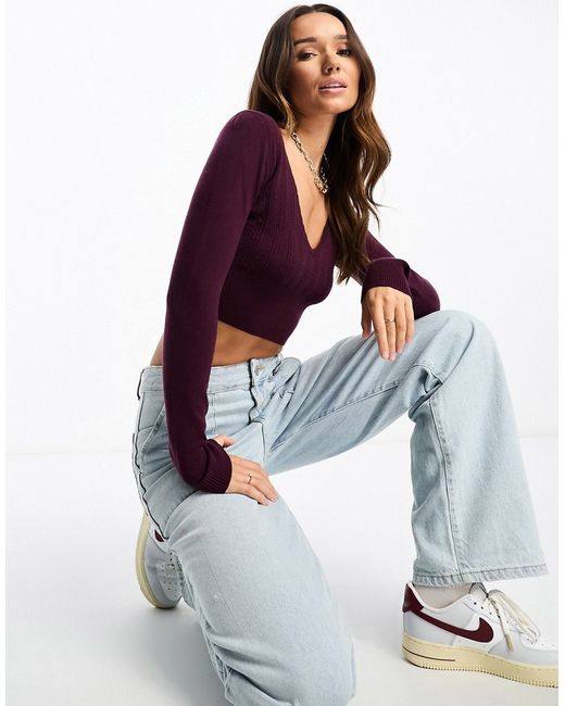 PacSun pointelle long sleeve V-neck top wine-