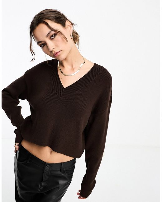 PacSun v-neck cable knit cropped sweater coffee brown-