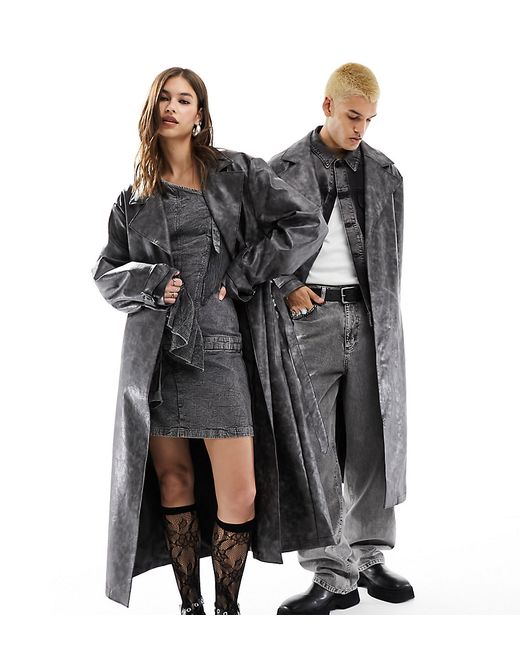 Reclaimed Vintage limited edition washed faux leather trench coat with D ring detail charcoal-