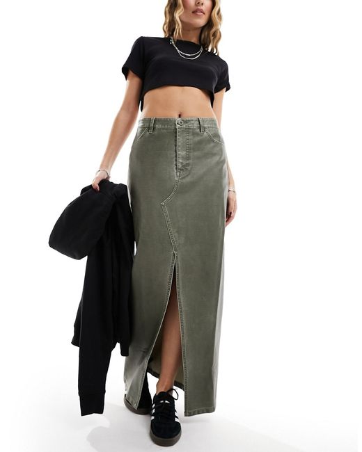 Asos Design faux leather split front maxi skirt washed khaki-