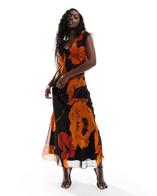 Asos Design v neck sleeveless midi dress with orange floral print-