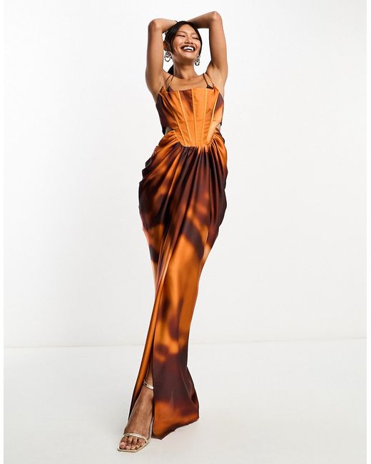 Asos Design corset boned satin cut out maxi dress with draped skirt blurred print-
