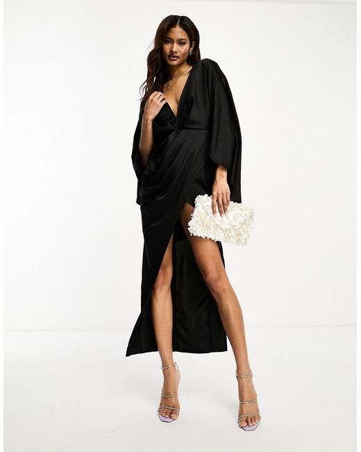 Asos Design satin batwing pleat midi dress with drape skirt