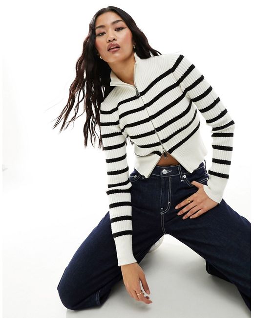Bershka rib knitted zip up sweater ecru black stripe-