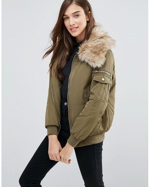 New Look Padded Bomber With Faux Fur Collar Dark