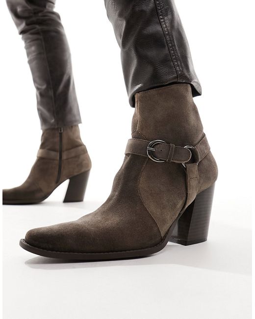 Asos Design heeled boot suede with buckle detail